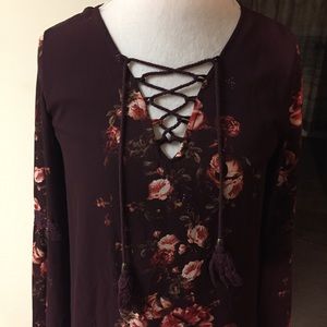Lovely Burgundy Tunic Size L. With Beautiful Roses